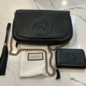 Gucci Soho Flap Leather Crossbody Black - BONUS Matching Gucci Wallet!!